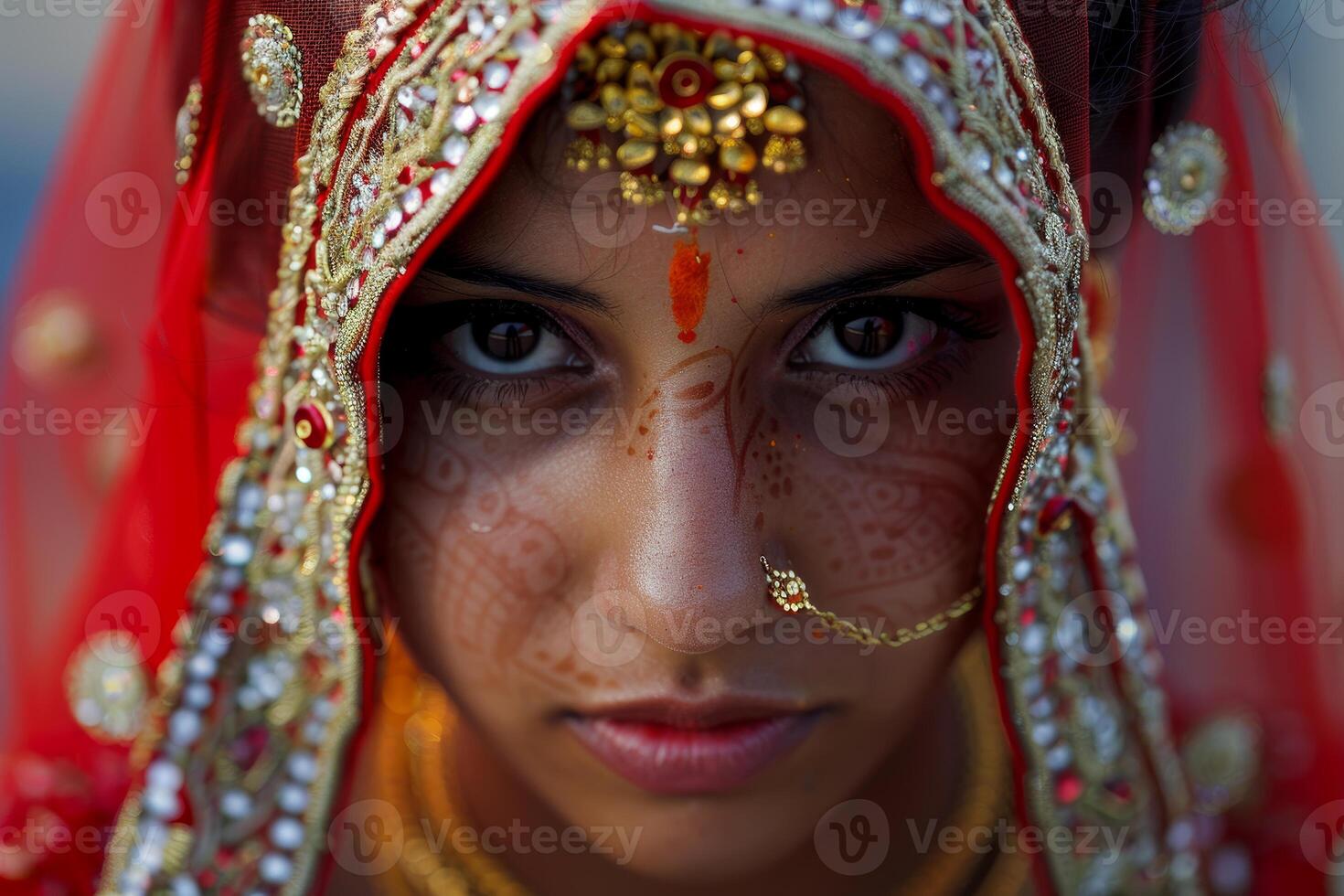 Young indian bride wearing traditional red dress and jewelry photo