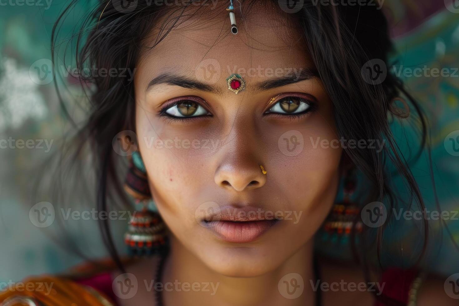 Young indian woman wearing traditional jewelry and makeup posing for portrait photo