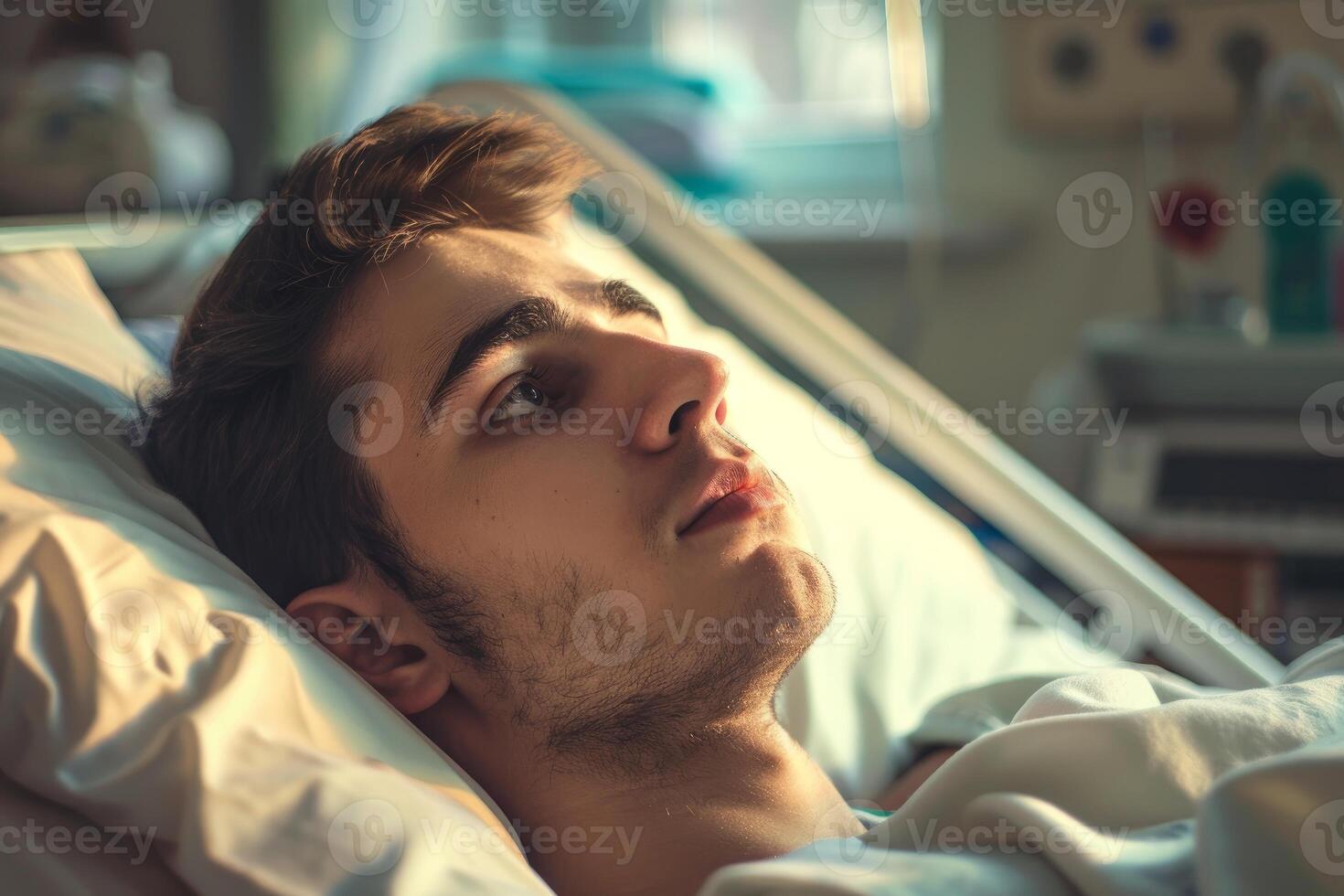 Young patient recovering in hospital bed, pensively looking towards window photo