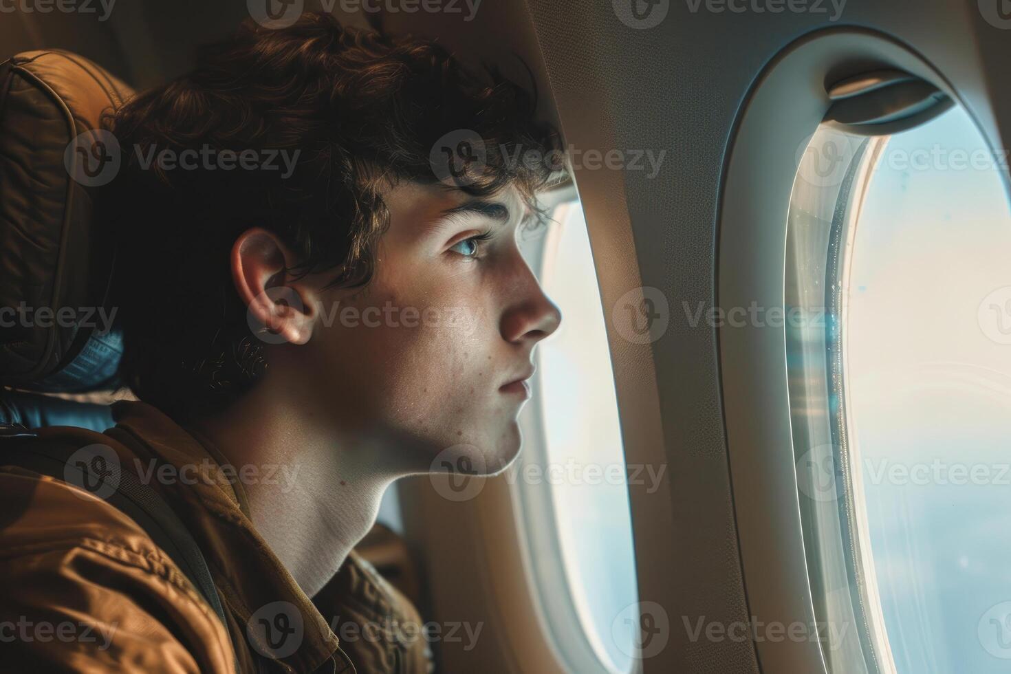 Young man looking out from airplane window during flight above clouds photo
