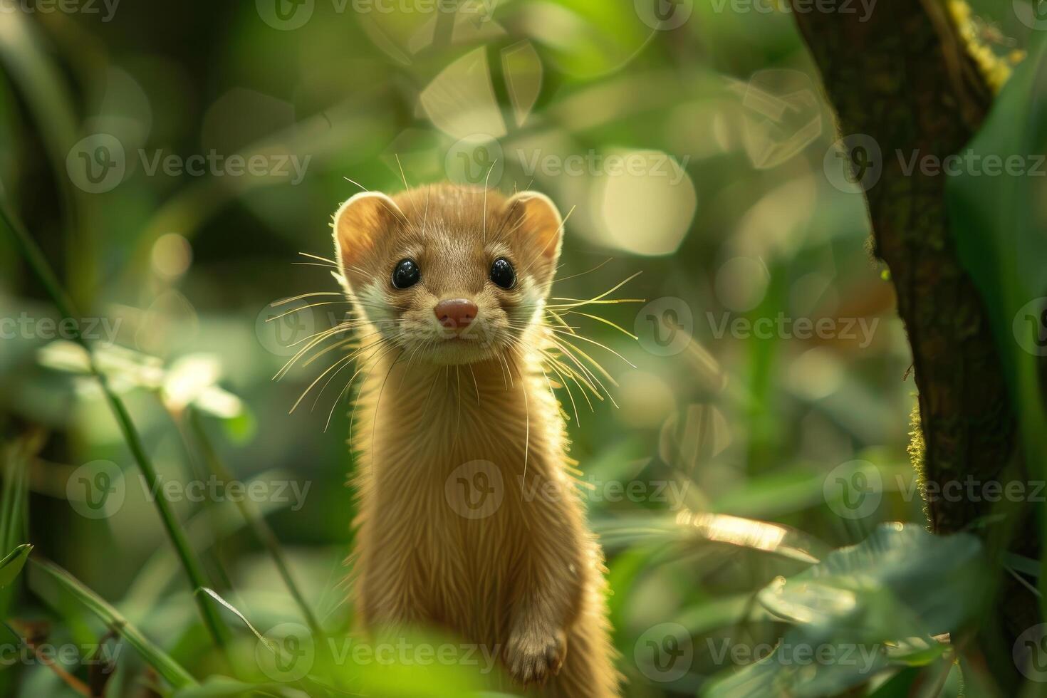 Yellow siberian weasel standing in lush green forest photo