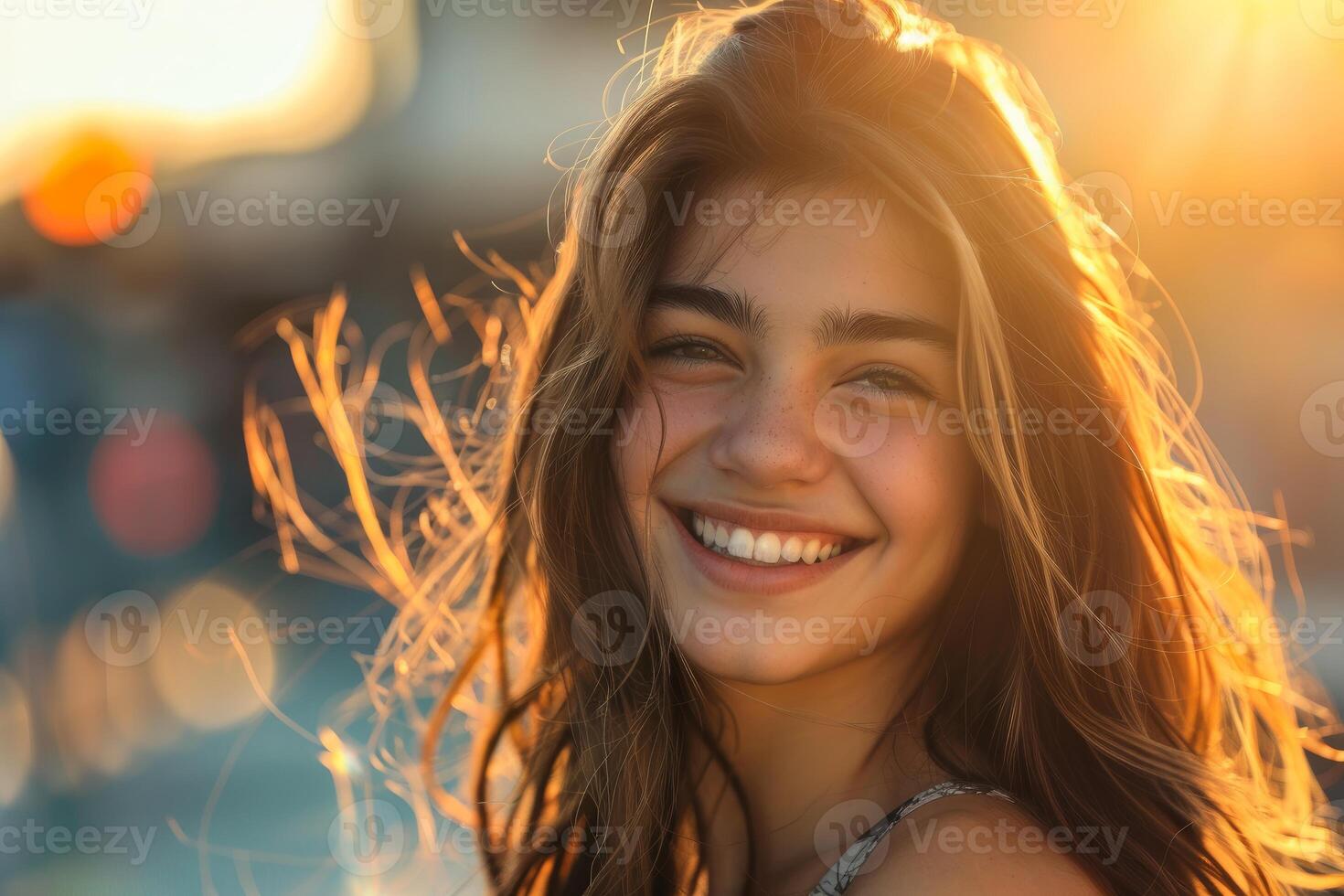 Happy teenager smiling with long hair blowing in wind at sunset photo