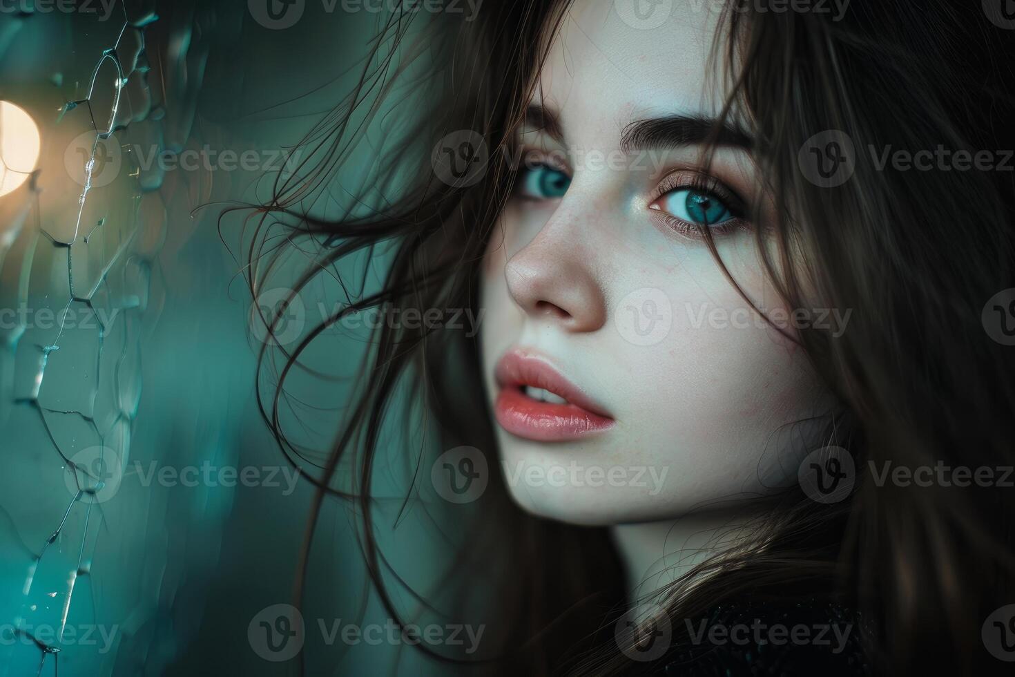 Portrait of attractive young woman with long brown hair and striking blue eyes near broken glass photo