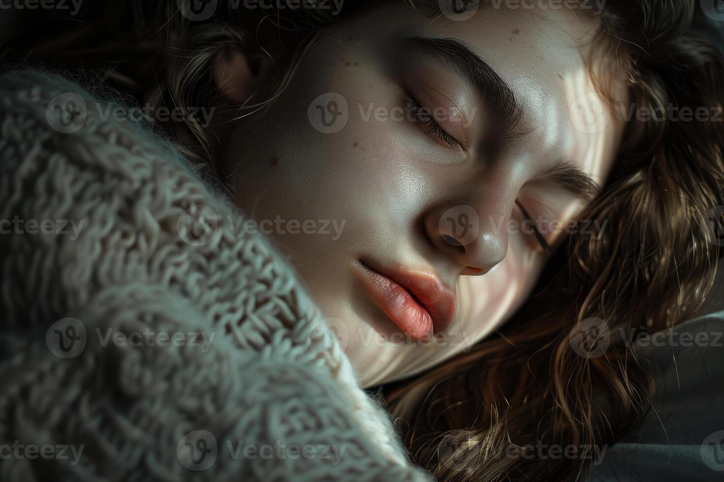 Young woman sleeping peacefully in sunlight, wearing a knitted sweater photo