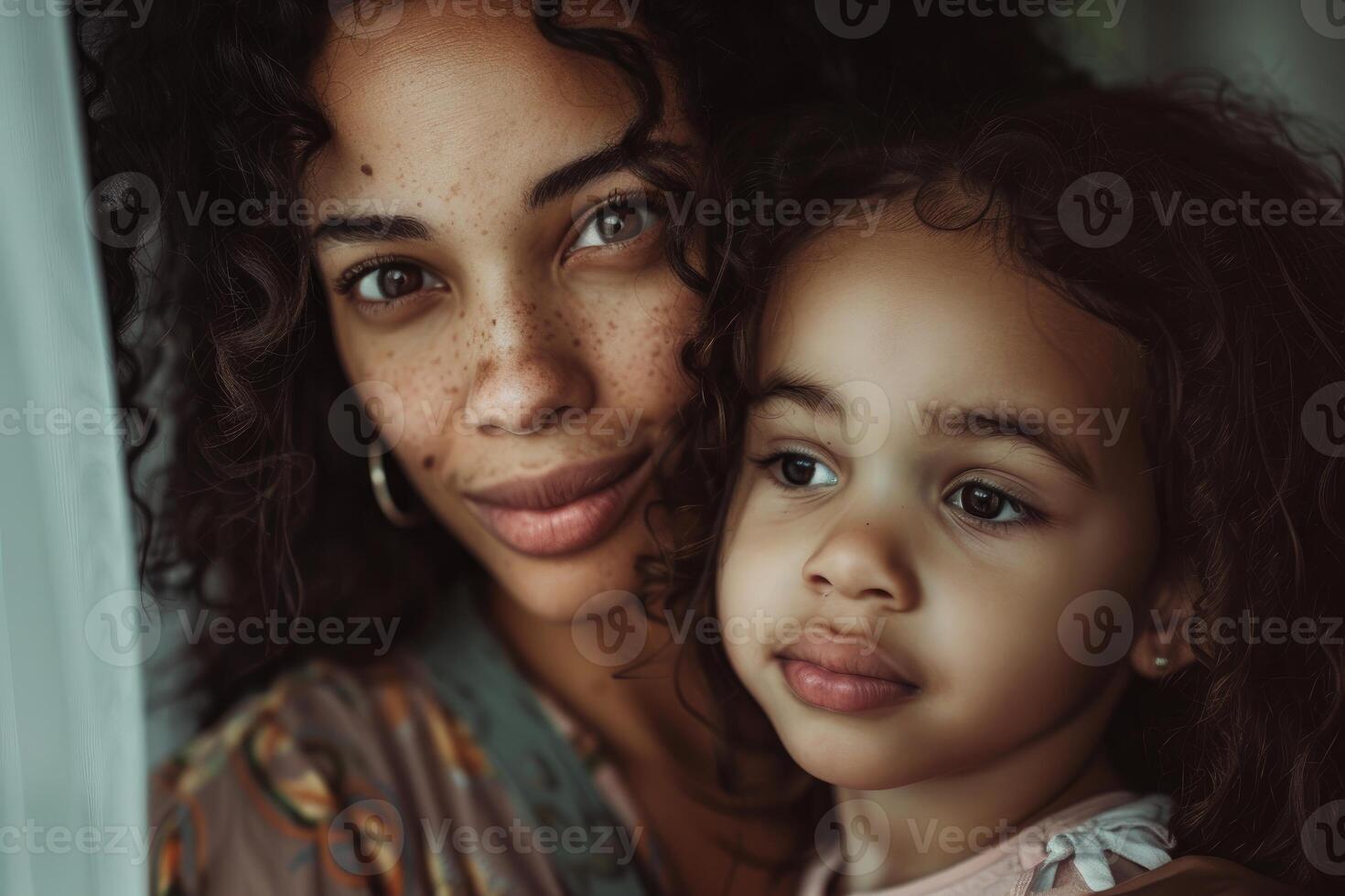 A woman and her daughter are looking out the window photo