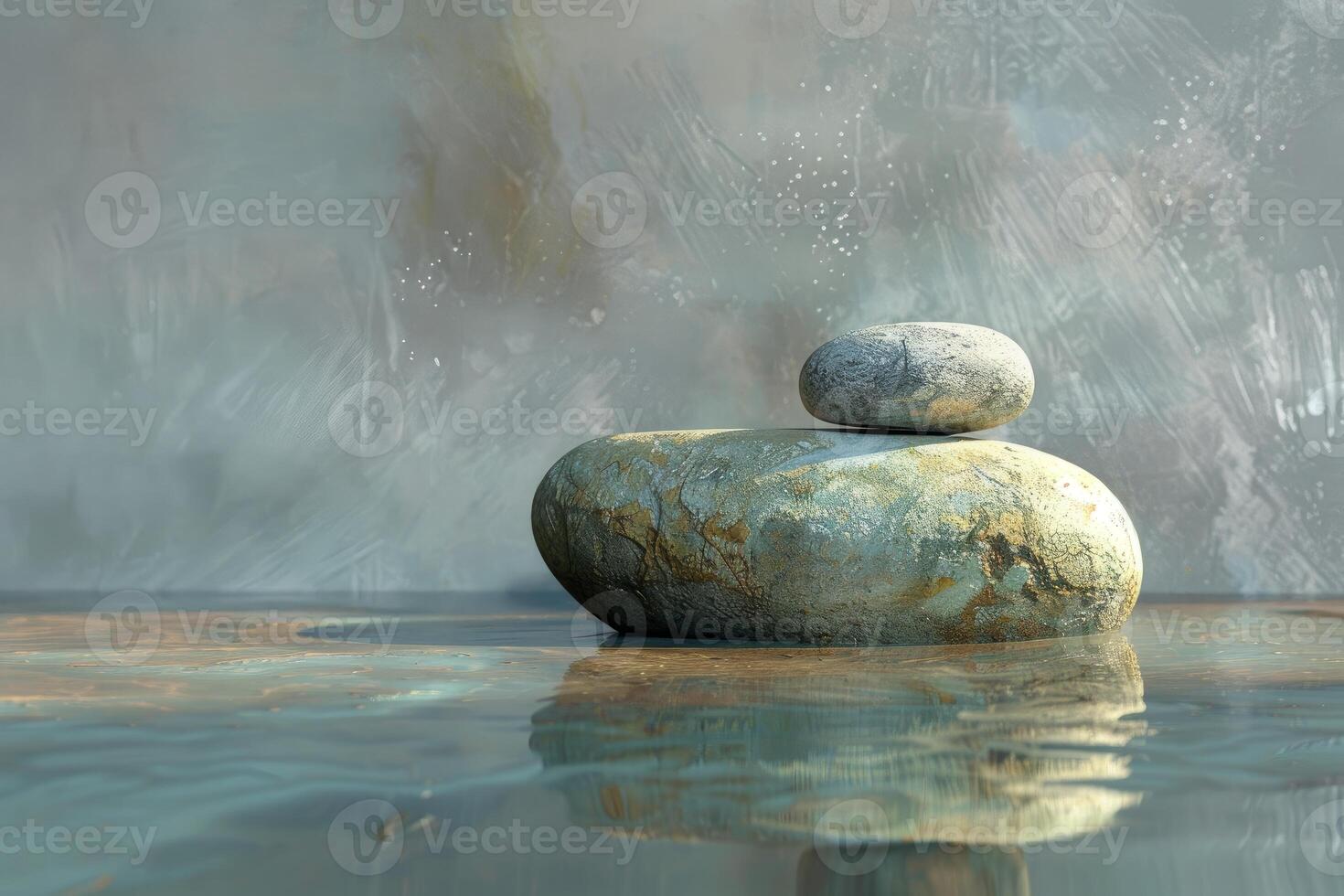 Balancing stones creating a peaceful atmosphere in water with abstract background photo