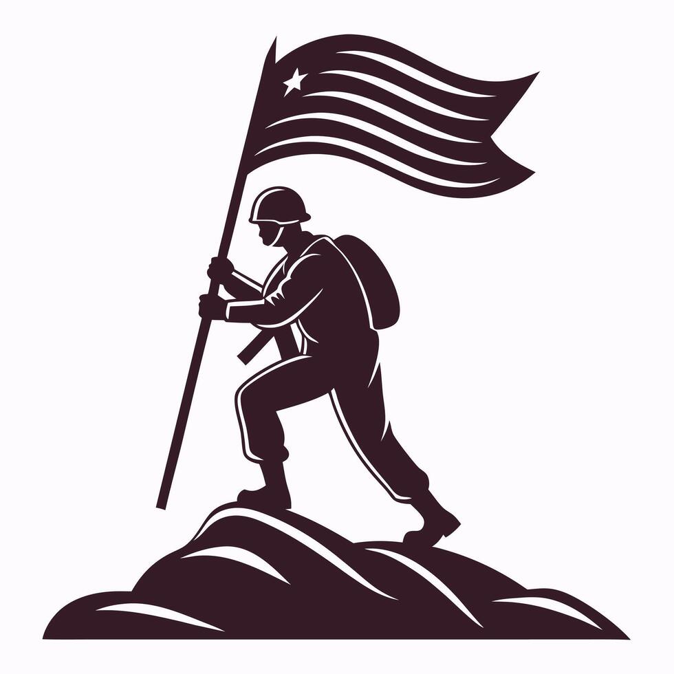 Soldier raising american flag on mountain graphic icon illustration vector