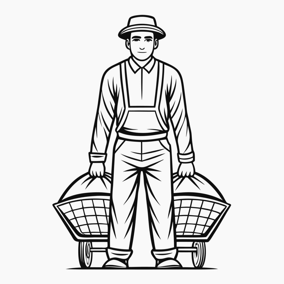 Farmer carrying two baskets outline simple monochrome illustration graphic design vector