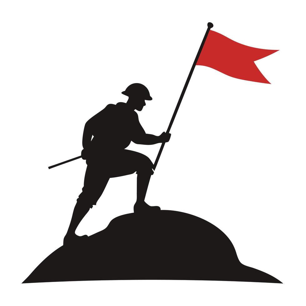 Soldier silhouette raising red flag on summit illustration symbolizes victory vector