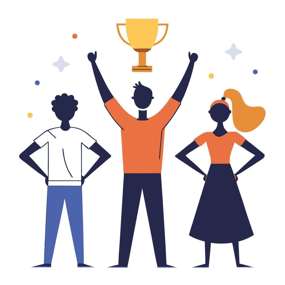 Team celebrating success with trophy and stars illustration vector