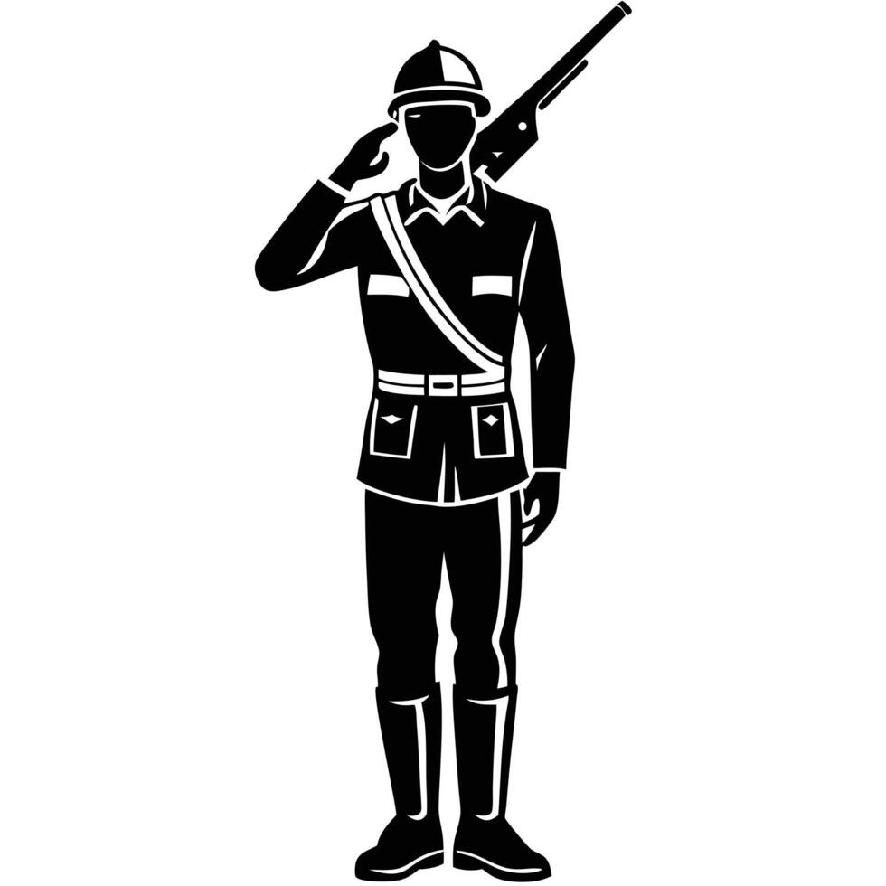 Silhouette of soldier saluting holding rifle in military uniform and helmet vector
