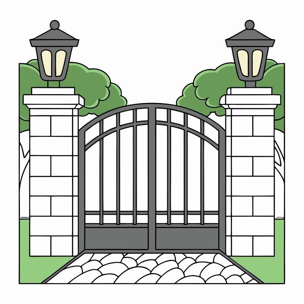Iron gate illustration with brick pillars and stone path vector