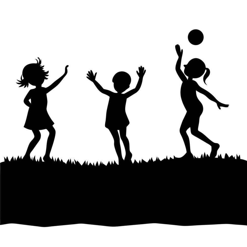 Silhouette of children playing ball in the grass illustration vector