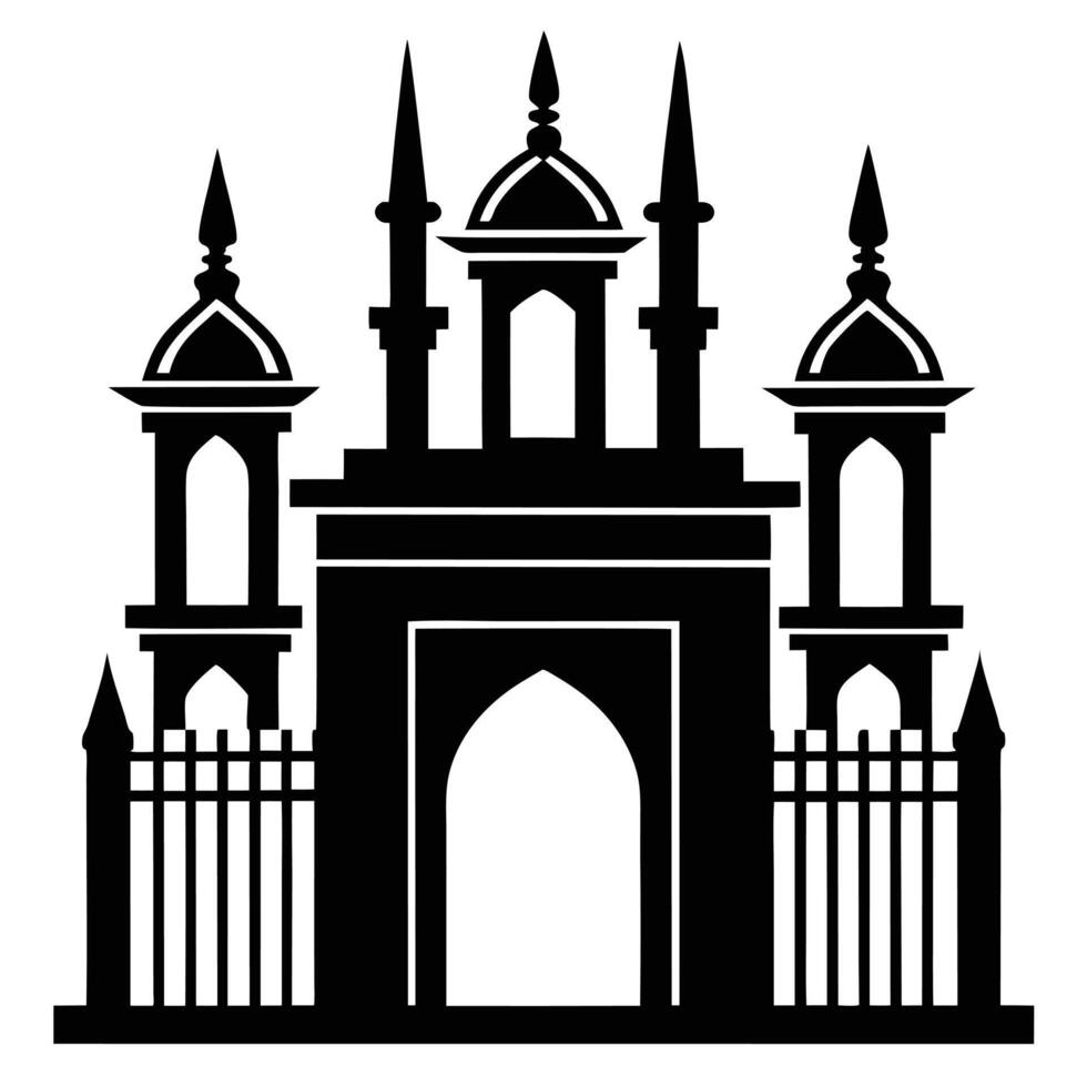 Black silhouette illustration of a fantasy castle with turrets and gates vector