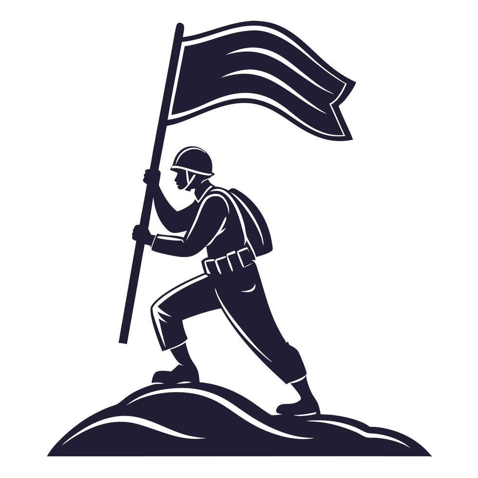 Silhouette of soldier holding flag standing on hill military illustration vector