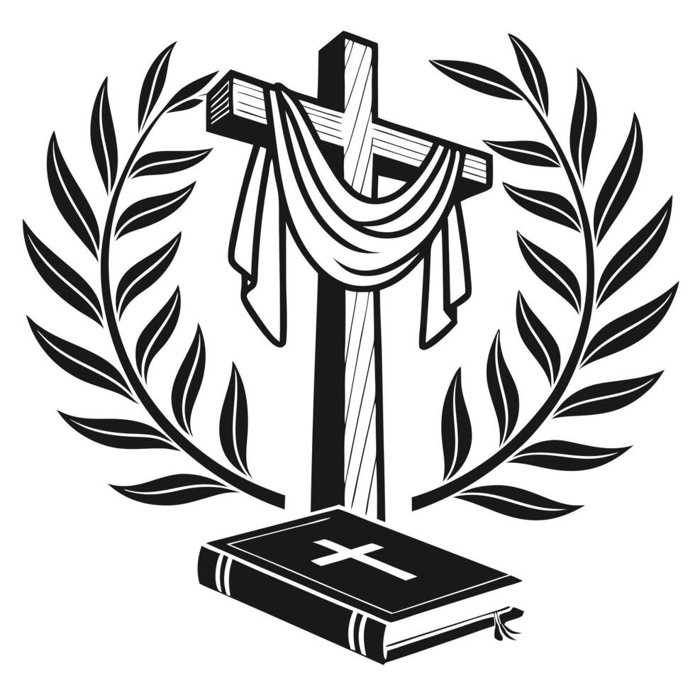 Christian cross bible and laurel wreath symbol in black and white vector