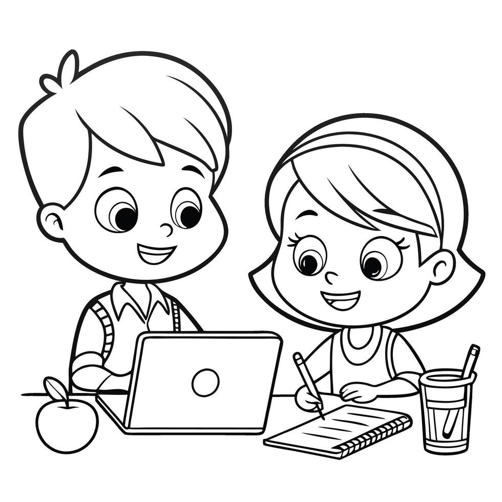 Cartoon children studying boy using laptop girl writing outline illustration vector