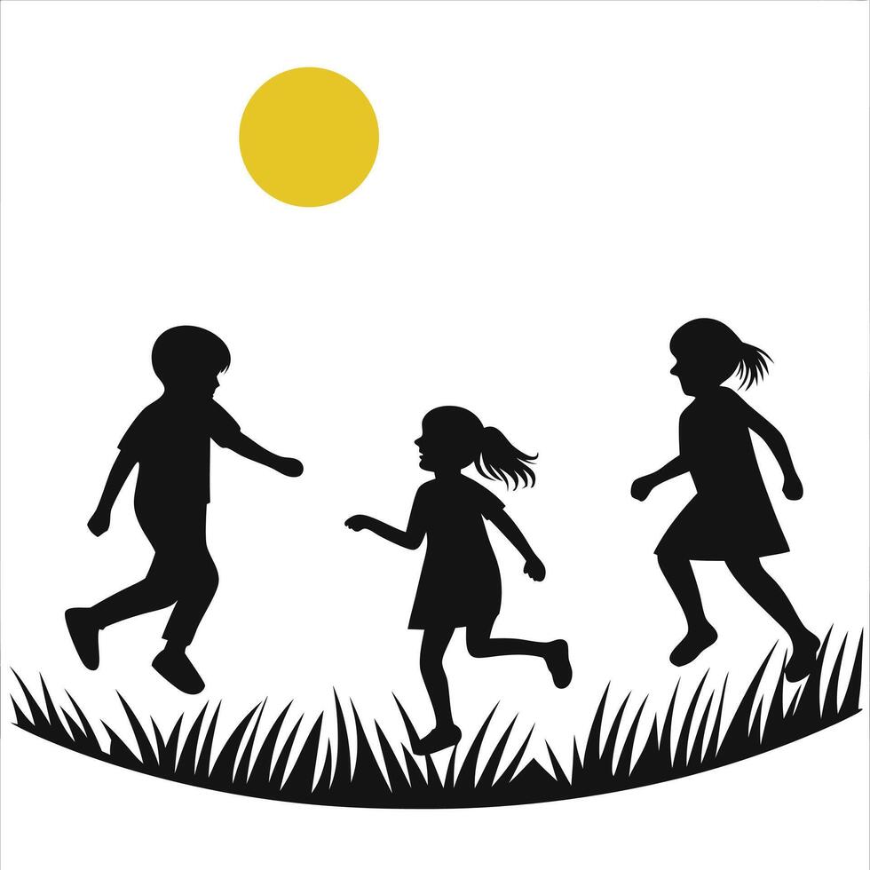 Children playing outdoors in silhouette with sun and grass vector