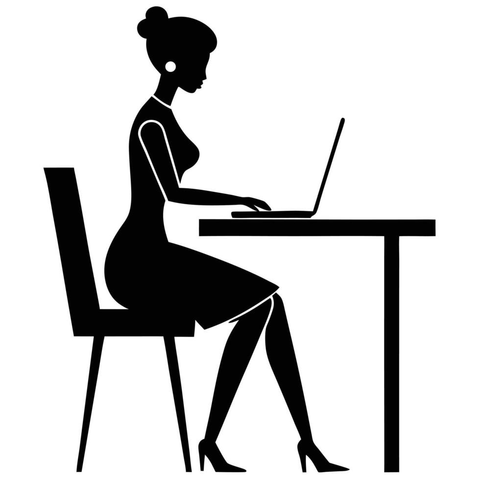 Silhouette of elegant woman working at desk with laptop computer vector