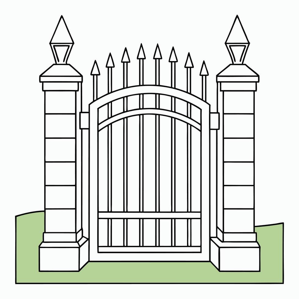 Ornamental gate with stone pillars line art illustration vector