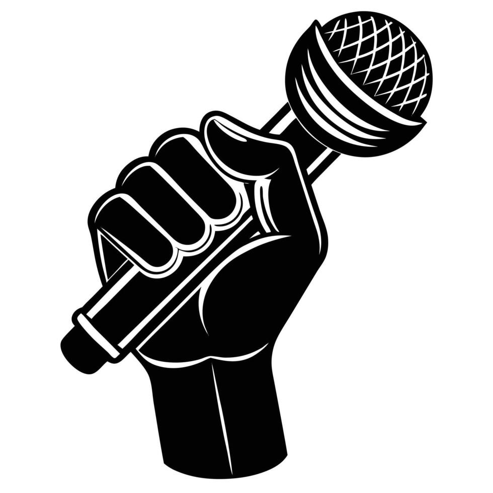 Black and white graphic depiction of hand holding a microphone for singing vector