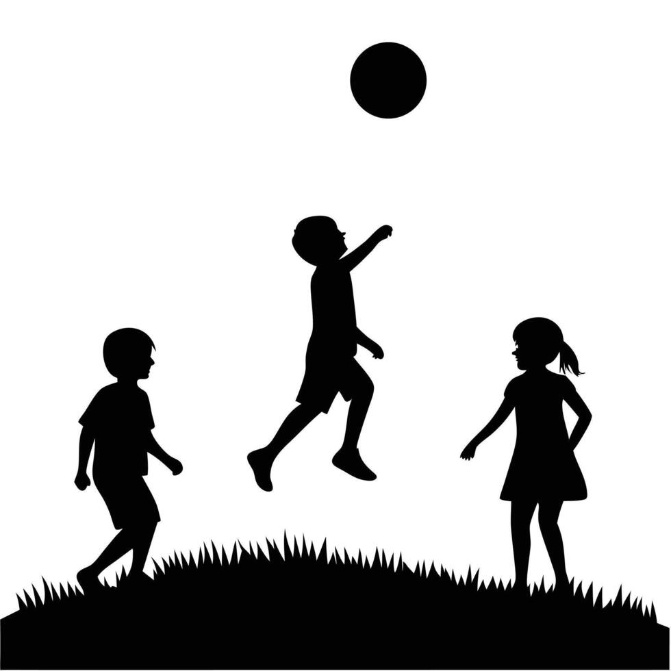Children playing with ball silhouette on grass hill vector