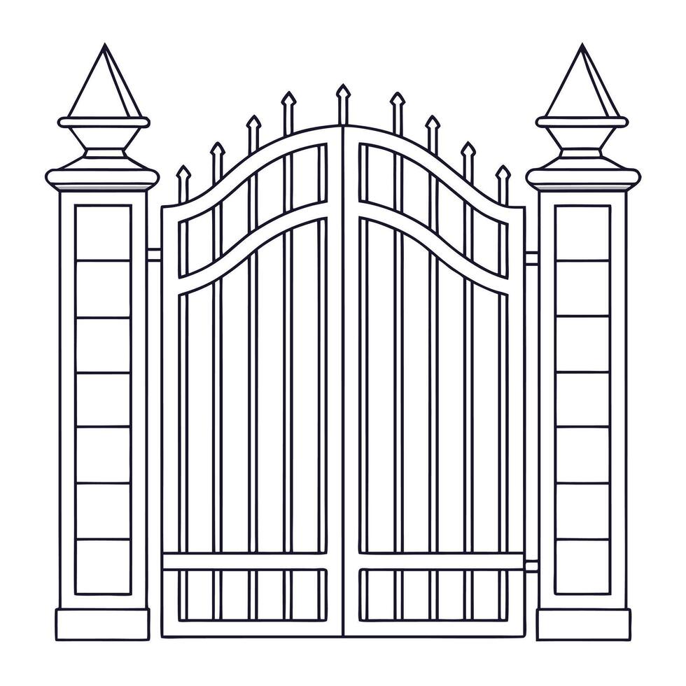 Decorative metal gate with pillars outline illustration vector