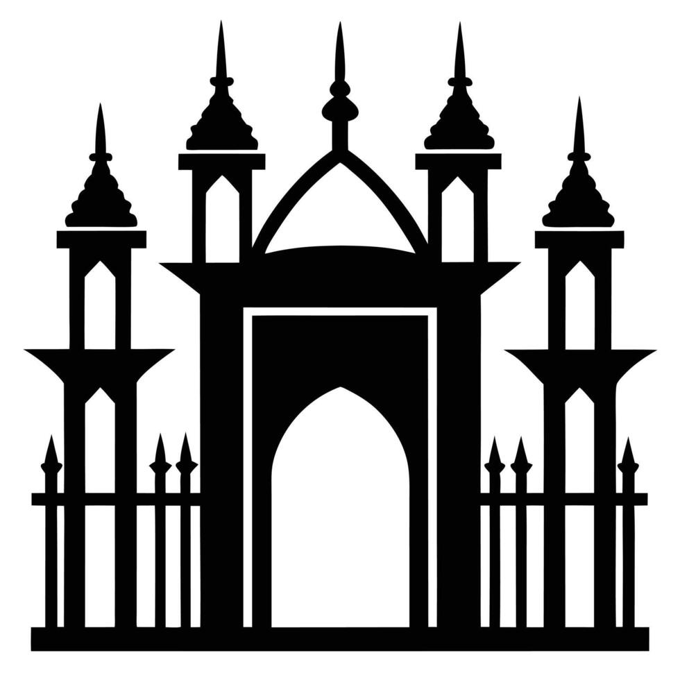 Silhouette of a religious building with minarets and spiked fence vector