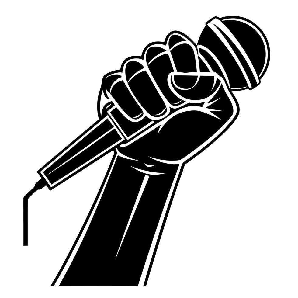 Raised fist holding microphone black and white illustration design vector