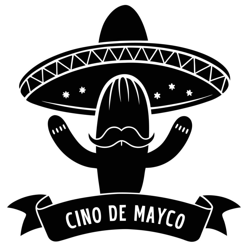 Cinco de mayo cactus with sombrero festive black and white illustration vector