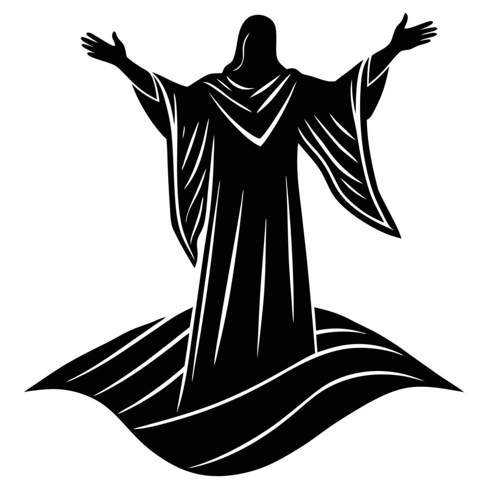 silhouette of jesus christ with open arms standing on water waves vector