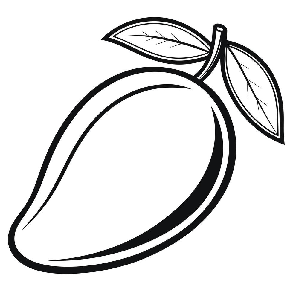 Black and white line art illustration of a fresh mango with leaves vector
