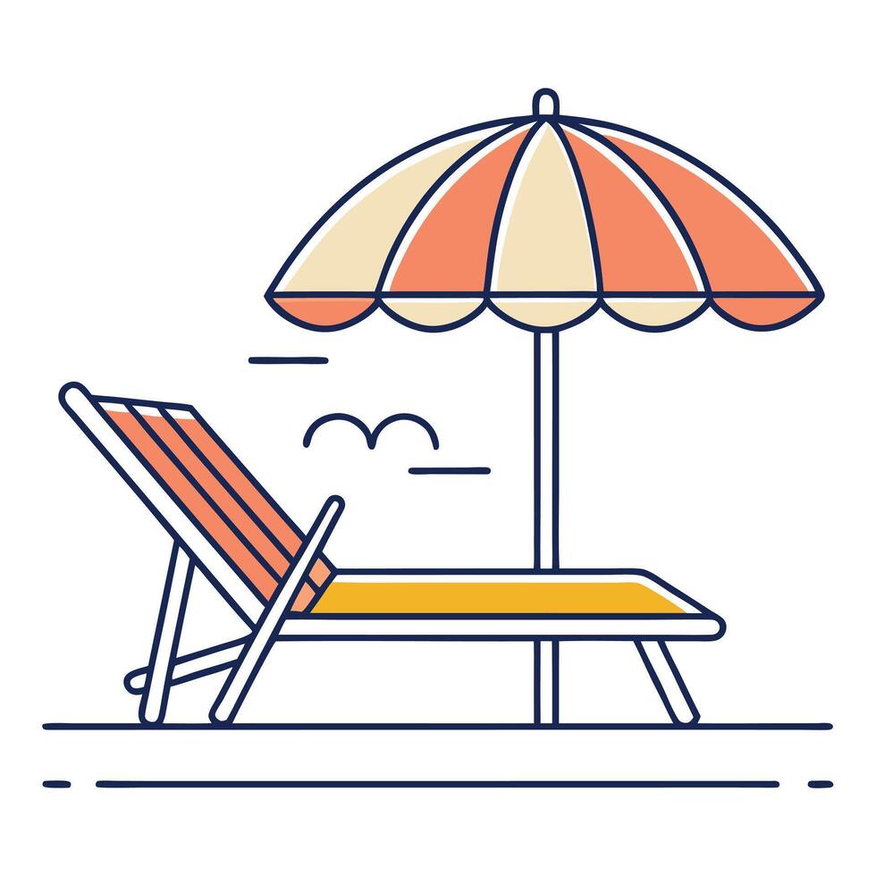 Minimalist beach illustration featuring deck chair umbrella and seagull for summer theme vector