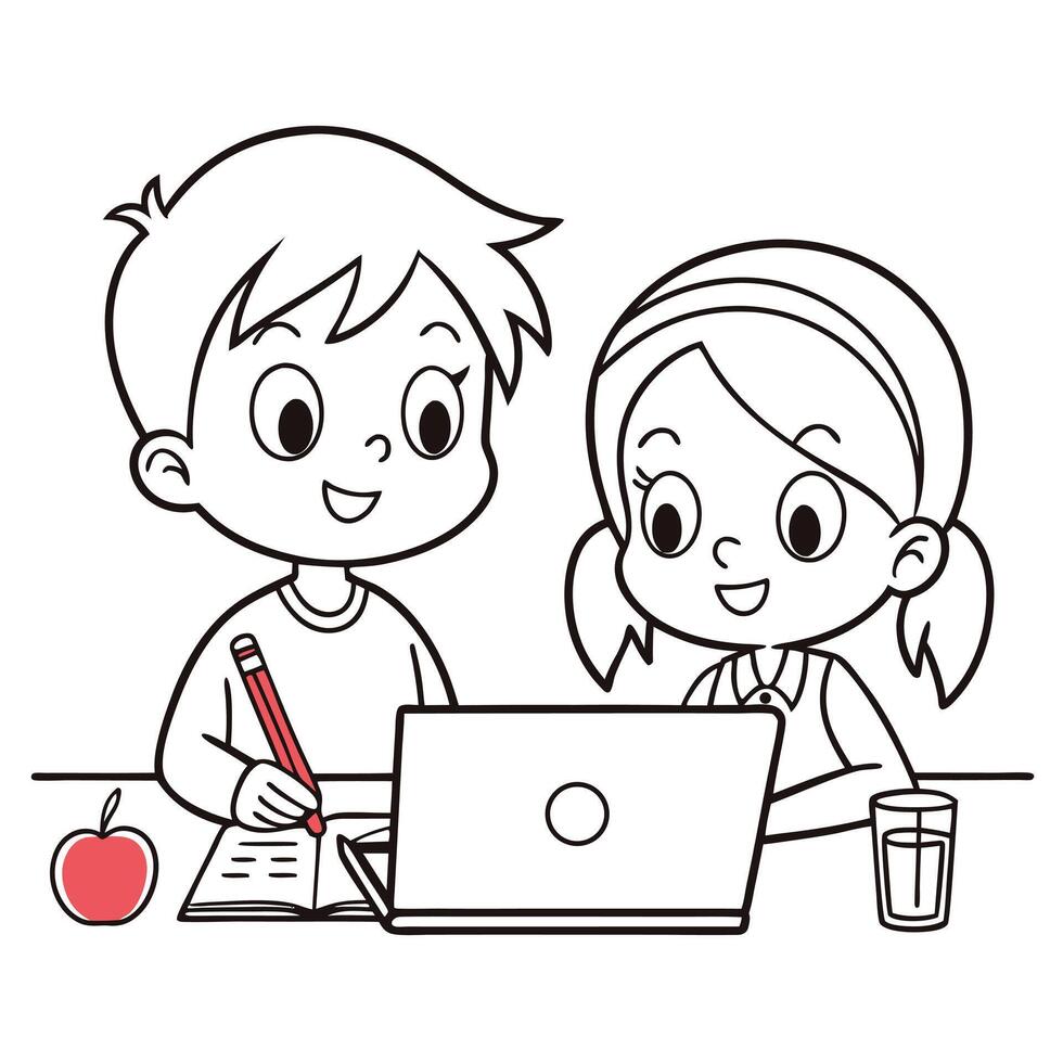 Children learning together online kids doing homework together education line art vector