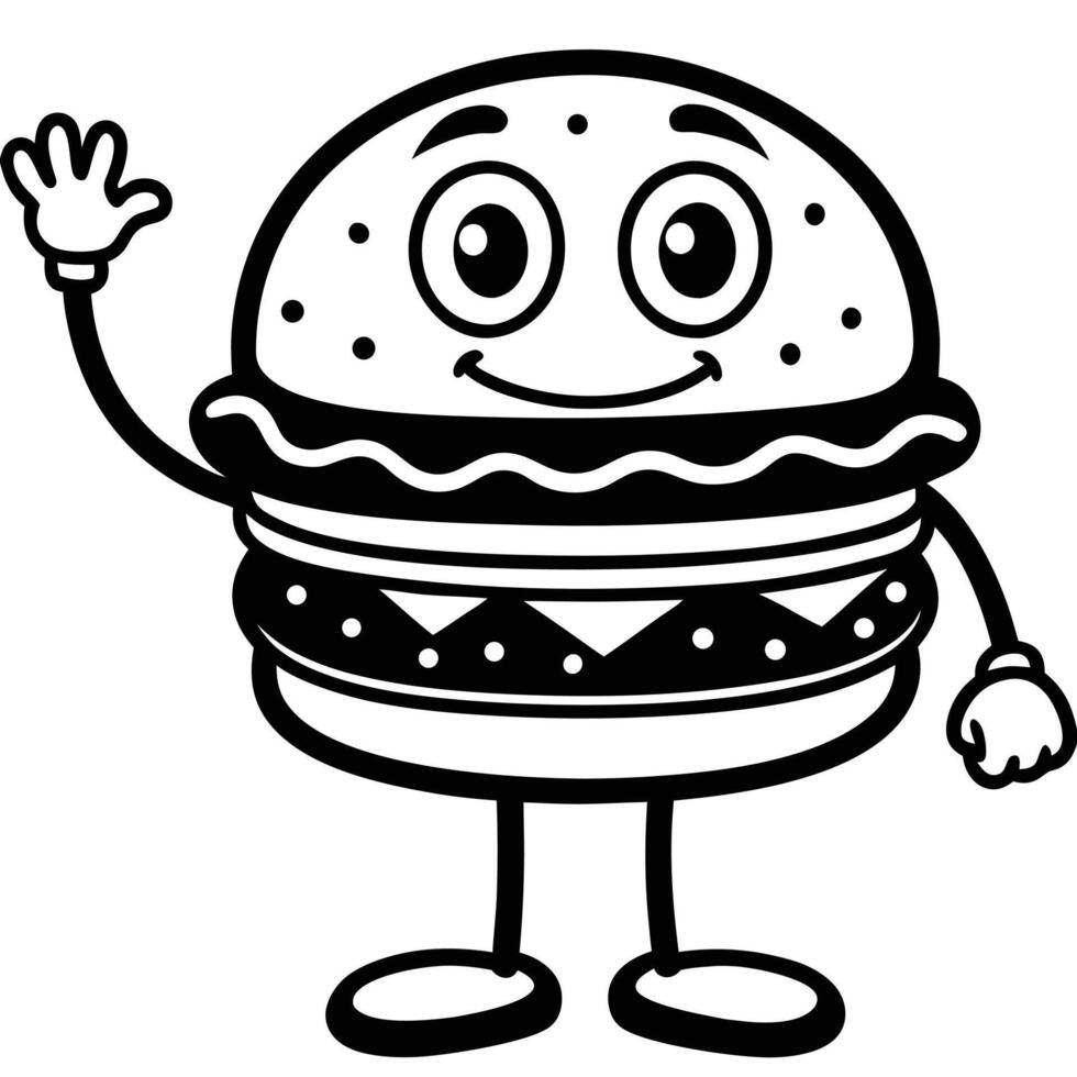 Cartoon burger character with eyes legs arms and waving hand outlined vector