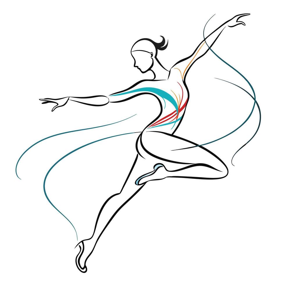 Graceful rhythmic gymnast in dynamic pose minimalist line art illustration design vector