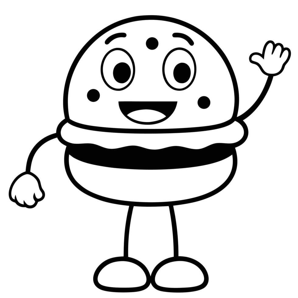 Cartoon burger character waving hand black and white line art mascot design vector