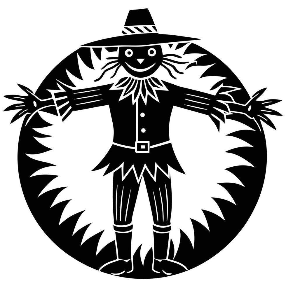 Black and white scarecrow illustration encircled with jagged shapes for fall decoration vector