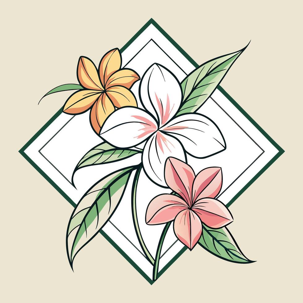 Frangipani flowers illustration with tropical blossom and decorative diamond shape vector