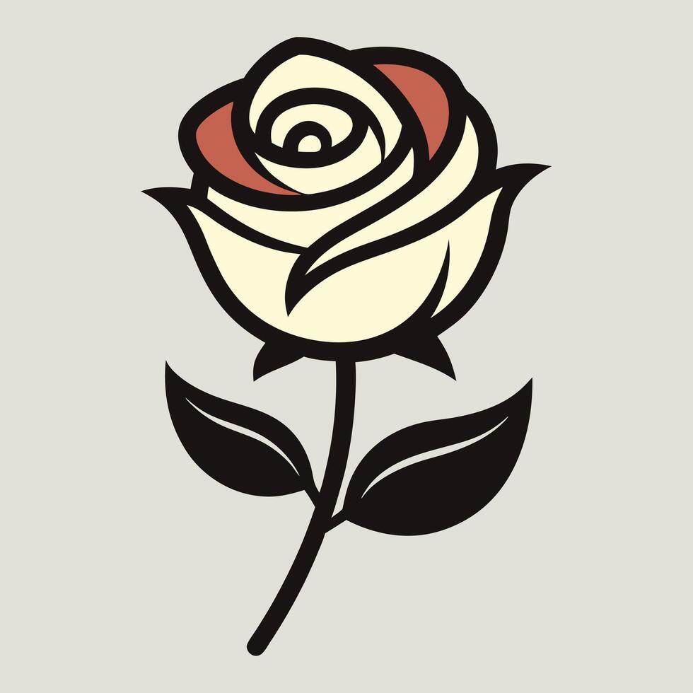 Elegant ivory rose graphic with bold outlines and decorative leaves vector