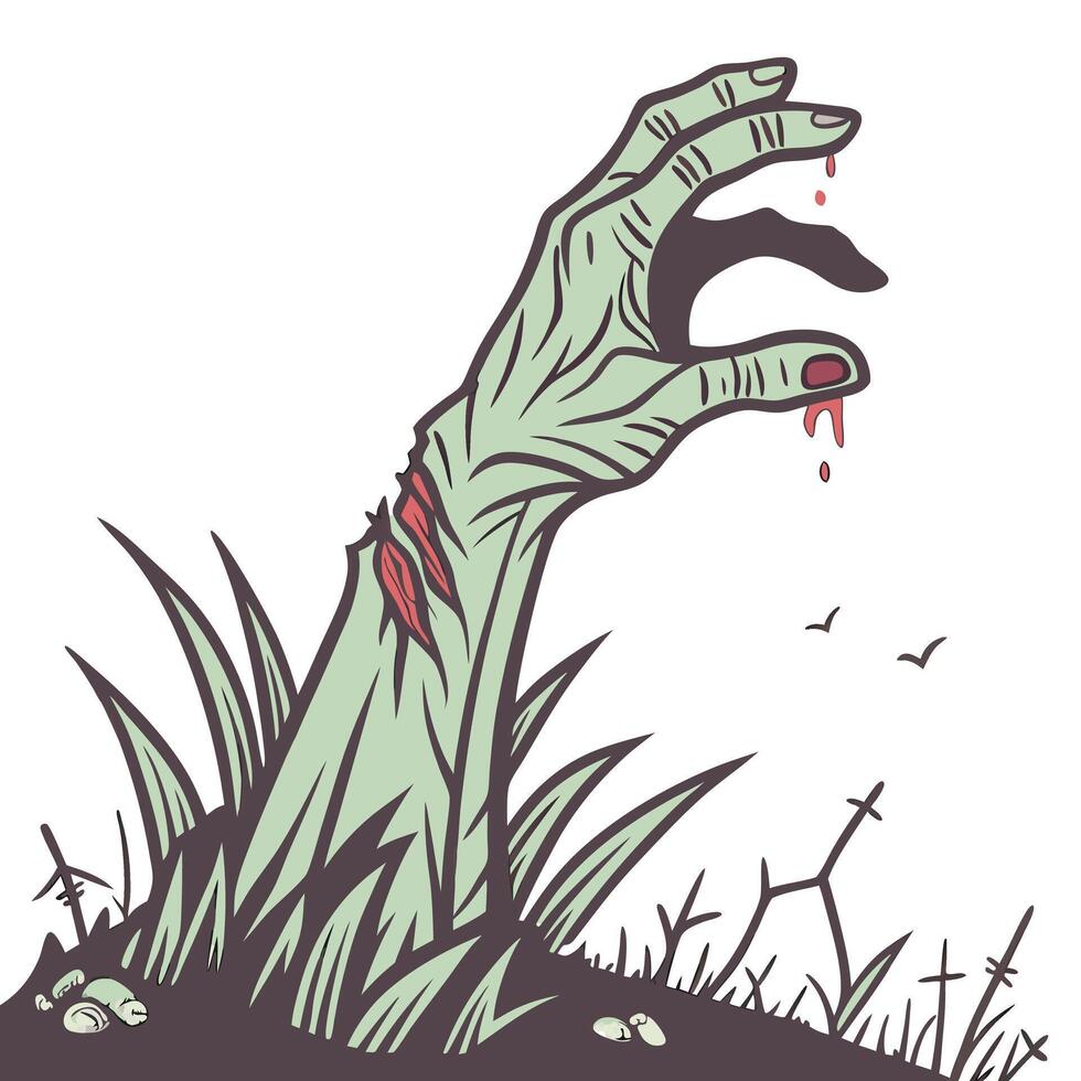 Zombie hand rising from grave on halloween night illustration vector