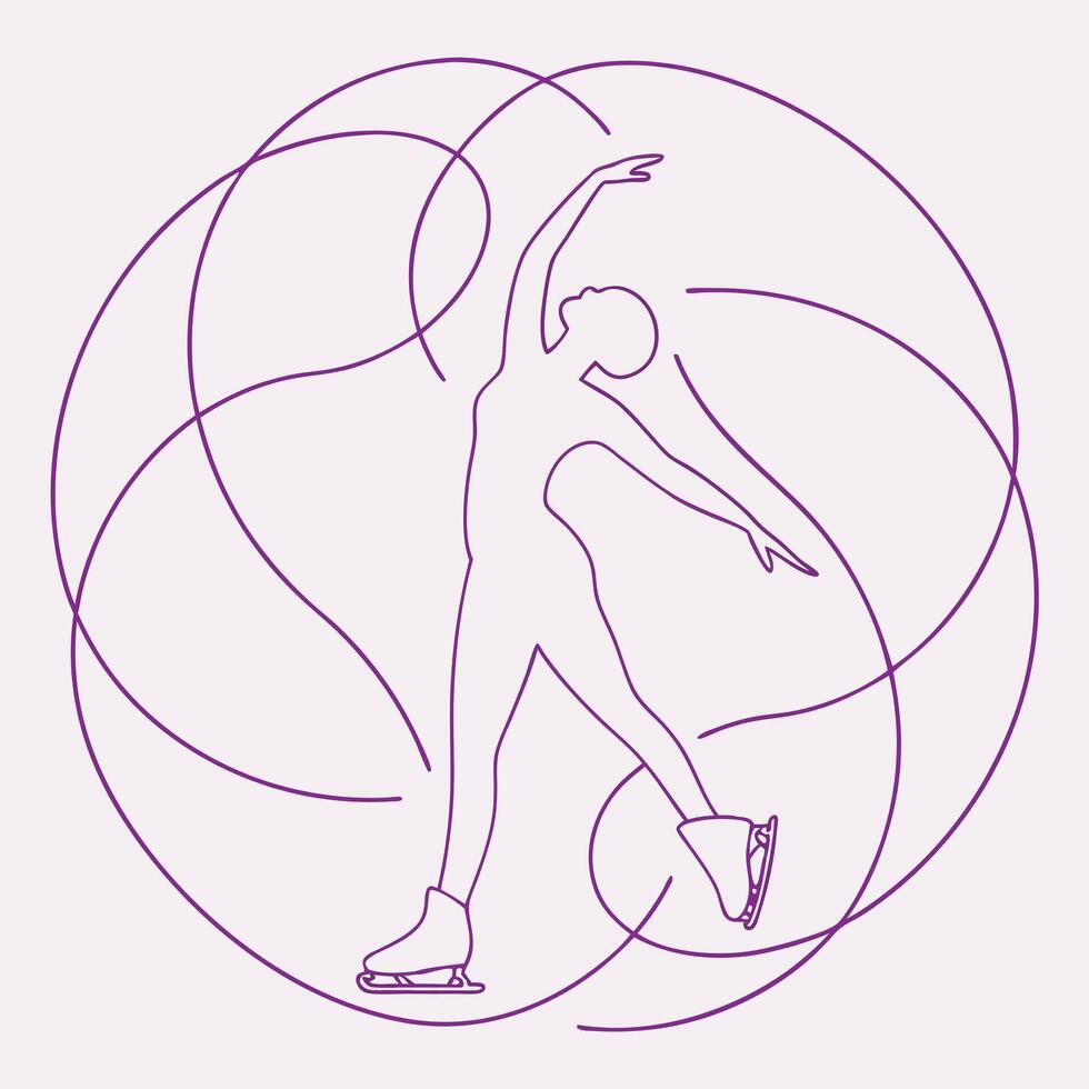 Figure skater graceful pose line art on decorative circular background vector
