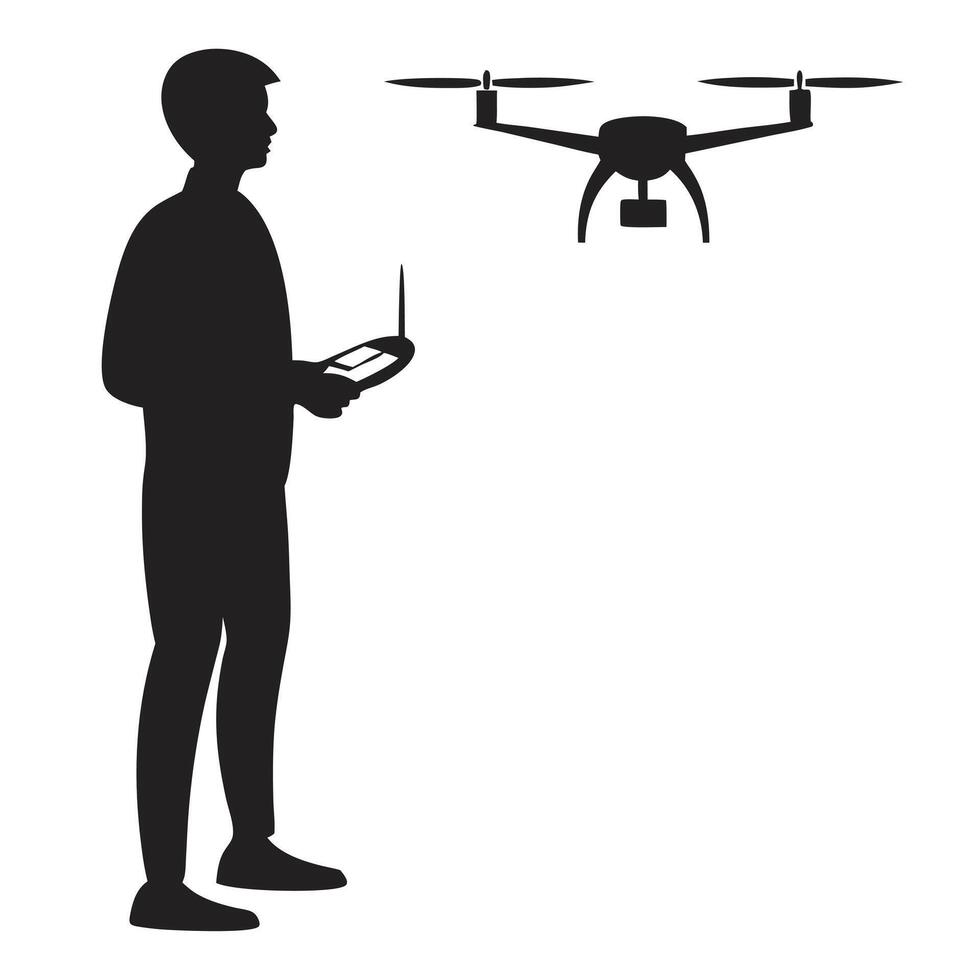 Silhouette of man flying a drone with remote control device outdoors illustration vector