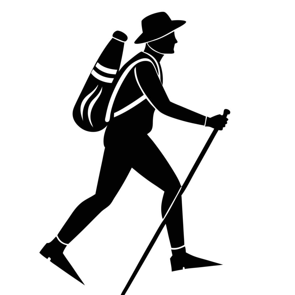 Hiker with backpack and walking stick black silhouette on white background. vector