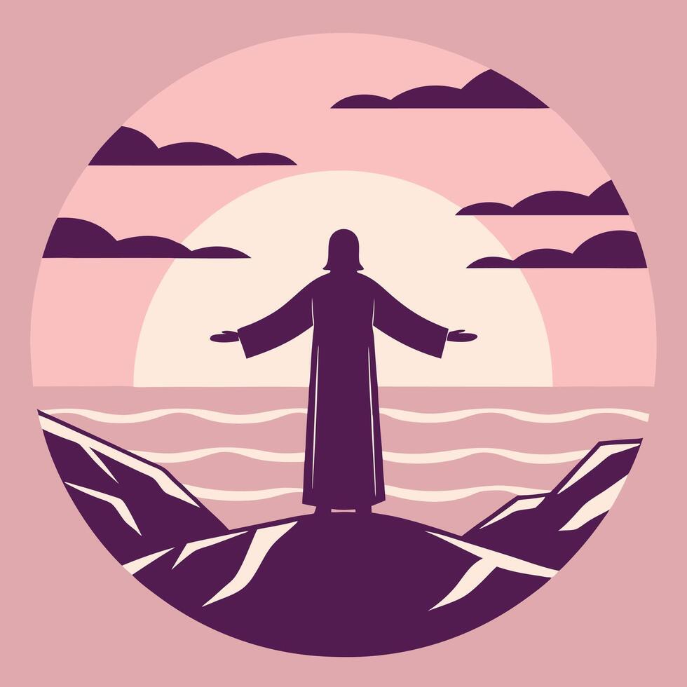 Silhouette of jesus christ at sunrise peaceful religious illustration vector