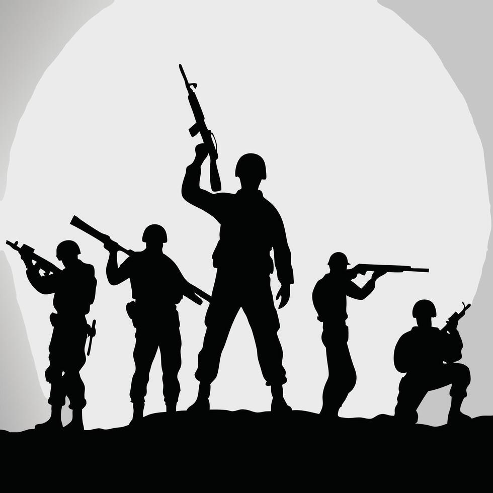 Military team silhouette armed soldiers in battle preparation design element vector