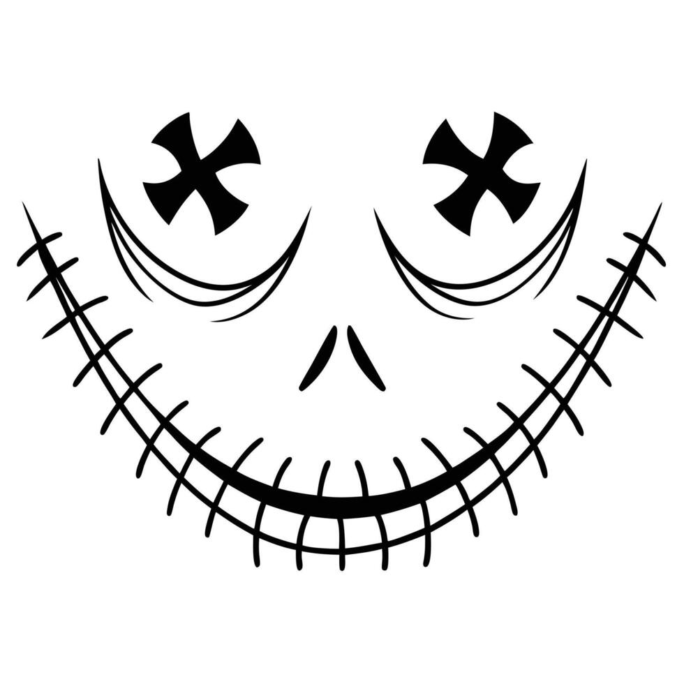 Spooky smiling halloween face with stitches and cross eyes silhouette style vector