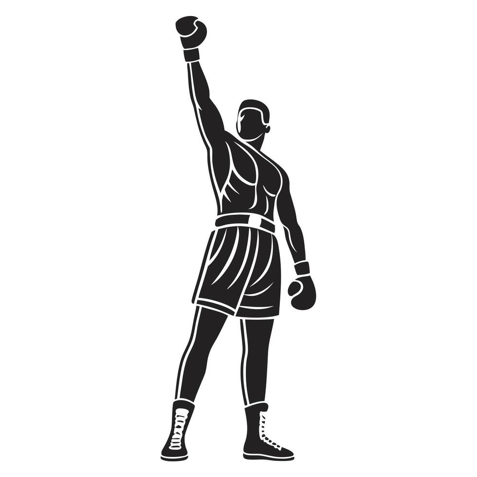Victorious boxer silhouette with raised arm depicts strength and determination vector