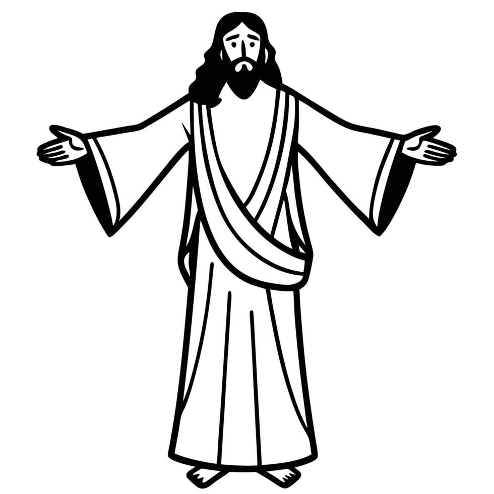 Jesus christ illustration with open arms in black and white style vector