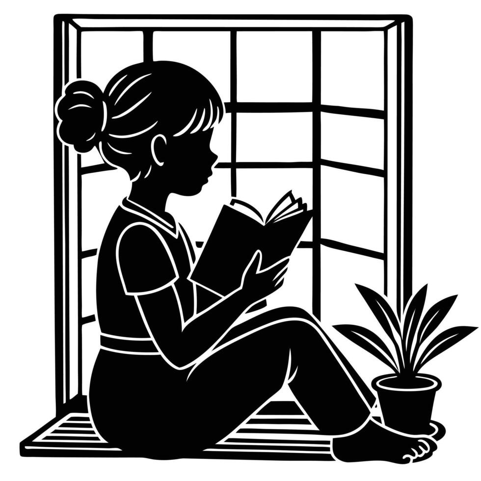 Silhouette of a young girl reading a book by the window black and white vector